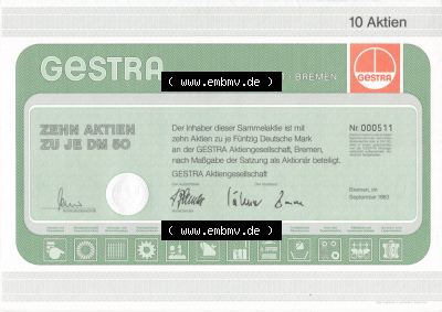 Historisches Wertpapier Deutschland der BRD 1983, Zehn Aktien zu je 50 DM, Fünfzig DEutsche Mark, GESTRA Aktien Bremen (2) Sammlung