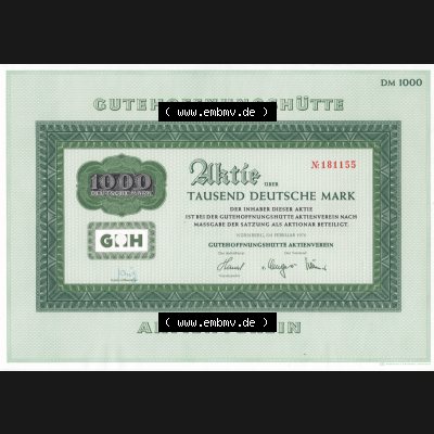 Historisches Wertpapier Deutschland der BRD 1970, 1000 DM, Aktie Tausend Deutsche Mark, Gutehoffnungshütte (1) Sammlung