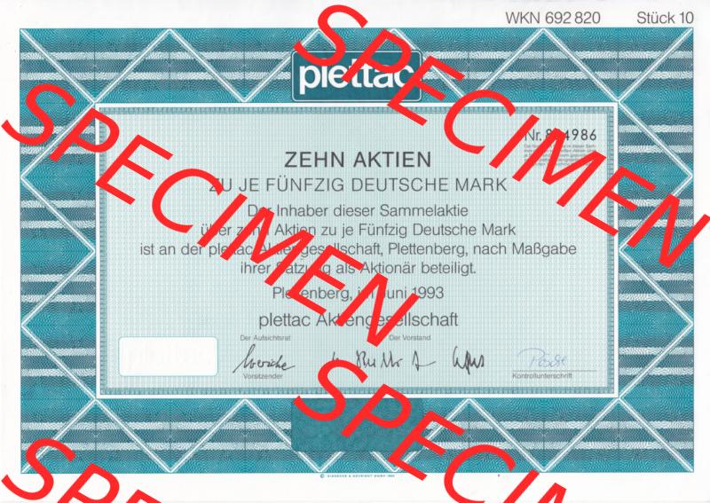 Historisches Wertpapier Deutschland der BRD 1993, 50 DM, Zehn Aktien zu je Fünfzig Deutsche Mark, plettac Aktiengesellschaft (2) Sammlung