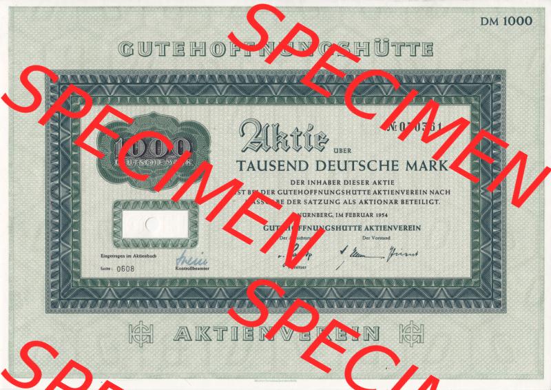 Historisches Wertpapier Deutschland der BRD 1954, 1000 Deutsche Mark DM, Aktie Gutehoffnungshütte, Tausend Deutsche Mark (1) Sammlung