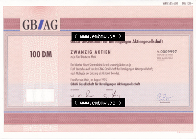 Historisches Wertpapier Deutschland der BRD 1995, 100 DM GBAG Gesellschaft für Beteiligungen Aktiengesellschaft (2) Sammlung