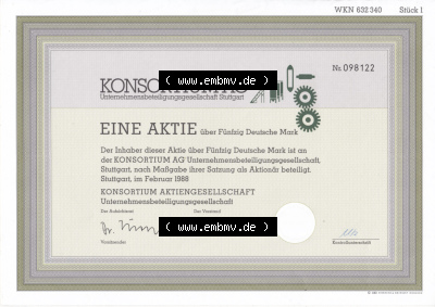 Historisches Wertpapier Deutschland der BRD 1988, 50 DM, Fünfzig Deutsche Mark, KONSORTIUM AG Stuttgart (2) Sammlung
