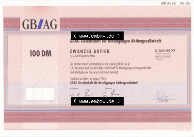 Historisches Wertpapier Deutschland der BRD 1995, 100 DM GBAG Gesellschaft für Beteiligungen Aktiengesellschaft (1) Sammlung