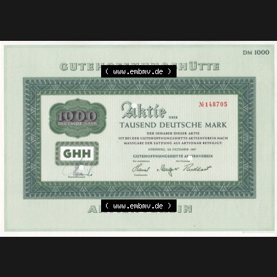 Historisches Wertpapier Deutschland der BRD 1967, 1000 DM, Deutsche Mark, Aktie Gutehoffnungshütte (2) Sammlung