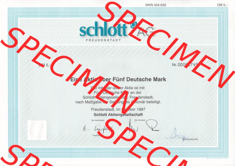 Historisches Wertpapier Deutschland der BRD 1997, 5 DM, Eine Aktie über Fünf Deutsche Mark,, schlott AG Freudenstadt (2) Sammlung