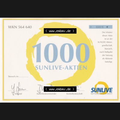 Historisches Wertpapier Deutschland der BRD WKN 564 640, 1000 SUNLIVE-AKTIEN, Starzach (1) Sammlung