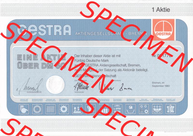 Historisches Wertpapier Deutschland der BRD 1983, 50 DM Aktie GESTRA Aktiengestellschaft Bremen, Fünfzig DEutsche Mark (2) Sammlung