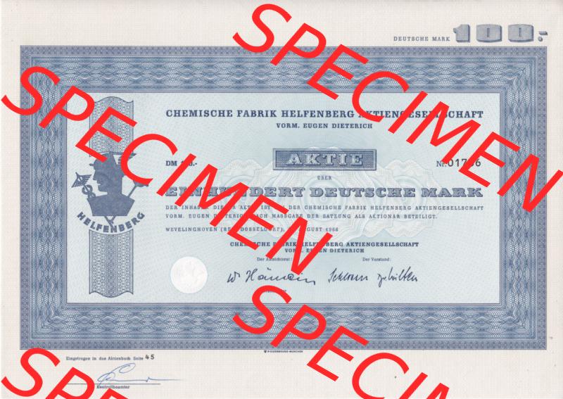 Historisches Wertpapier Deutschland der BRD 1966, 100 DM, Einhundert Deutsche Mark, Aktie Chemische Fabrik Helpenberg Aktien-Gesellschaft (2) Sammlung