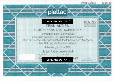 Historisches Wertpapier Deutschland der BRD 1993, 50 DM, Zehn Aktien zu je Fünfzig Deutsche Mark, plettac Aktiengesellschaft... Sammlung