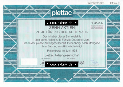 Historisches Wertpapier Deutschland der BRD 1993, 50 DM, Zehn Aktien zu je Fünfzig Deutsche Mark, plettac Aktiengesellschaft... Sammlung