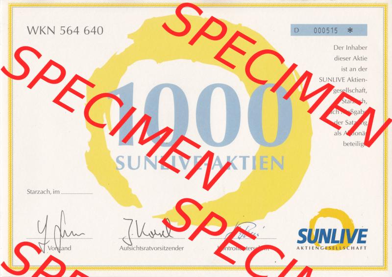Historisches Wertpapier Deutschland der BRD WKN 564 640, 1000 SUNLIVE-AKTIEN, Starzach (1) Sammlung