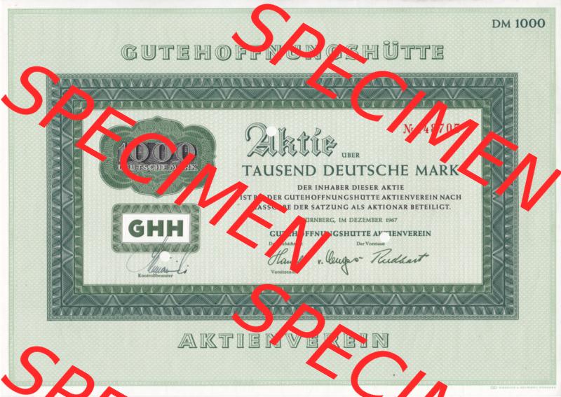 Historisches Wertpapier Deutschland der BRD 1967, 1000 DM, Deutsche Mark, Aktie Gutehoffnungshütte (2) Sammlung