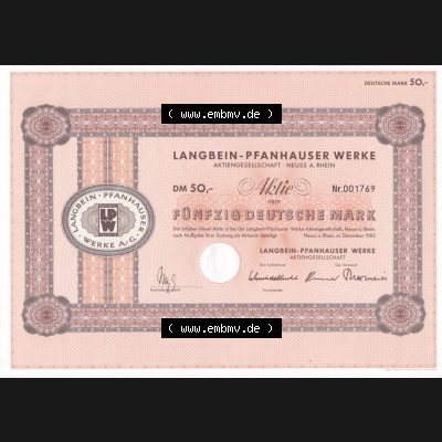 Historisches Wertpapier Deutschland der BRD 1982, 50 DM, Fünfzig Deutsche Mark, Aktie Langbein-Pfanhauser Werke (1) Sammlung