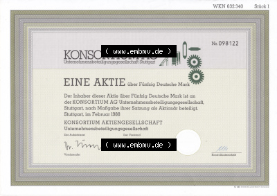 Historisches Wertpapier Deutschland der BRD 1988, 50 DM, Fünfzig Deutsche Mark, KONSORTIUM AG Stuttgart (1) Sammlung