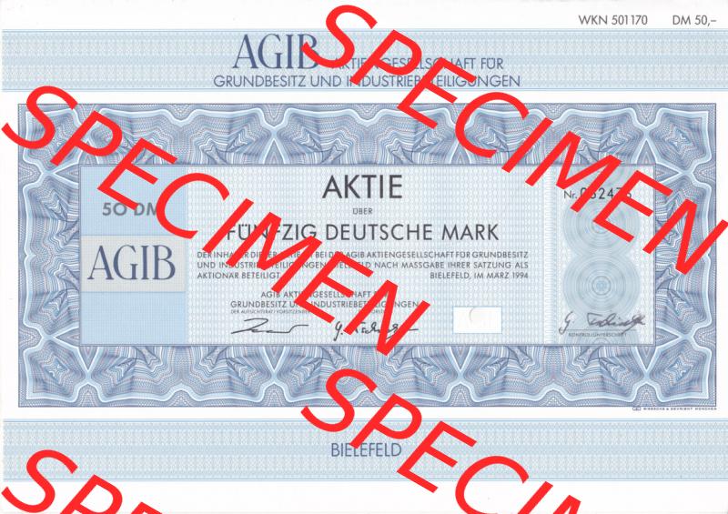 Historisches Wertpapier Deutschland der BRD 1994, 50 DM AGIB Aktiengesellschaft für Grundbesitz und Industriebeteiligungen (2) Sammlung