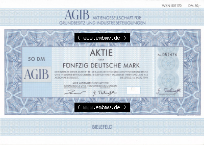 Historisches Wertpapier Deutschland der BRD 1994, 50 DM AGIB Aktiengesellschaft für Grundbesitz und Industriebeteiligungen (1) Sammlung
