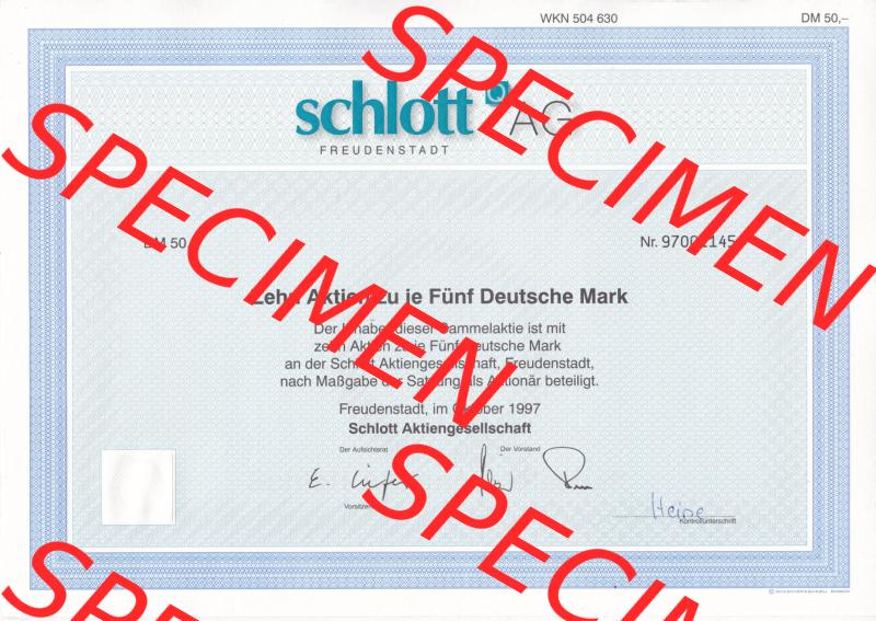 Historisches Wertpapier Deutschland der BRD 1997, 5 DM, Zehn Aktien zu je Fünf Deutshe Mark, Schlott-Q-AG Freudenstadt (1) Sammlung