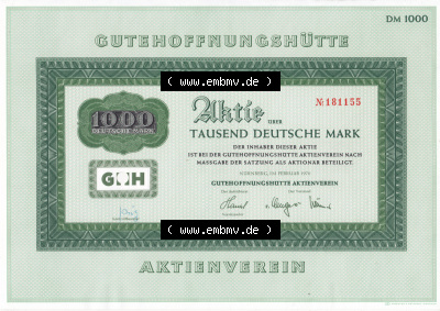 Historisches Wertpapier Deutschland der BRD 1970, 1000 DM, Aktie Tausend Deutsche Mark, Gutehoffnungshütte (1) Sammlung