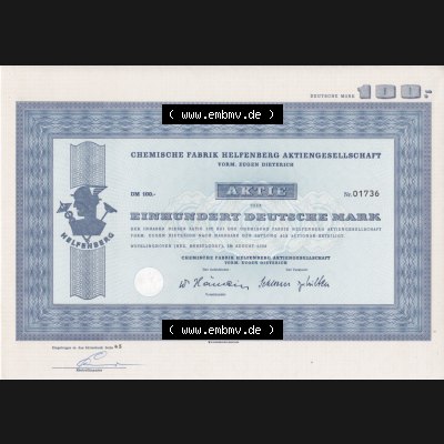 Historisches Wertpapier Deutschland der BRD 1966, 100 DM, Einhundert Deutsche Mark, Aktie Chemische Fabrik Helpenberg Aktien-Gesellschaft (2) Sammlung