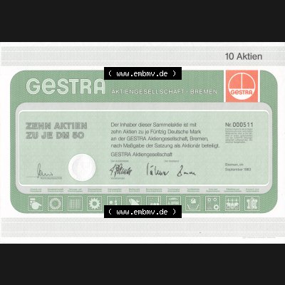 Historisches Wertpapier Deutschland der BRD 1983, Zehn Aktien zu je 50 DM, Fünfzig DEutsche Mark, GESTRA Aktien Bremen (1) Sammlung
