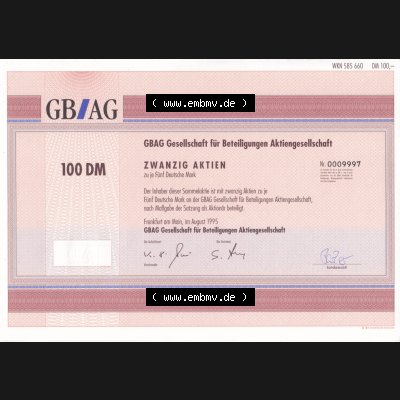 Historisches Wertpapier Deutschland der BRD 1995, 100 DM GBAG Gesellschaft für Beteiligungen Aktiengesellschaft (2) Sammlung