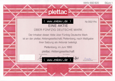 Historisches Wertpapier Deutschland der BRD 1993, 50 DM, Fünfzig Deutsche Mark, plettac Aktiengesellschaft (2) Sammlung