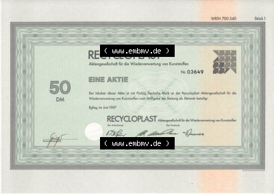Historisches Wertpapier Deutschland der BRD 1987, Recycloplast, 50 DM, Eine Aktie über Fünfzig Deutsche Mark, Aktiengesellschaft... Sammlung