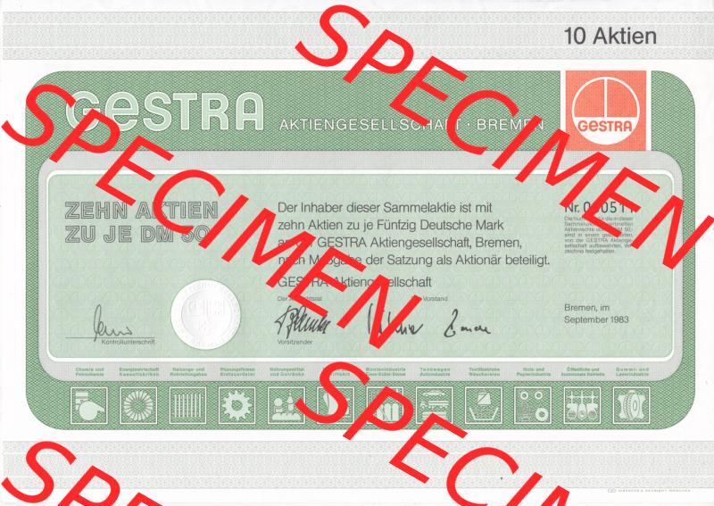 Historisches Wertpapier Deutschland der BRD 1983, Zehn Aktien zu je 50 DM, Fünfzig DEutsche Mark, GESTRA Aktien Bremen (1) Sammlung