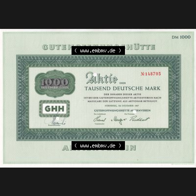 Historisches Wertpapier Deutschland der BRD 1967, 1000 DM, Deutsche Mark, Aktie Gutehoffnungshütte (1) Sammlung