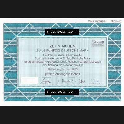 Historisches Wertpapier Deutschland der BRD 1993, 50 DM, Zehn Aktien zu je Fünfzig Deutsche Mark, plettac Aktiengesellschaft (1) Sammlung