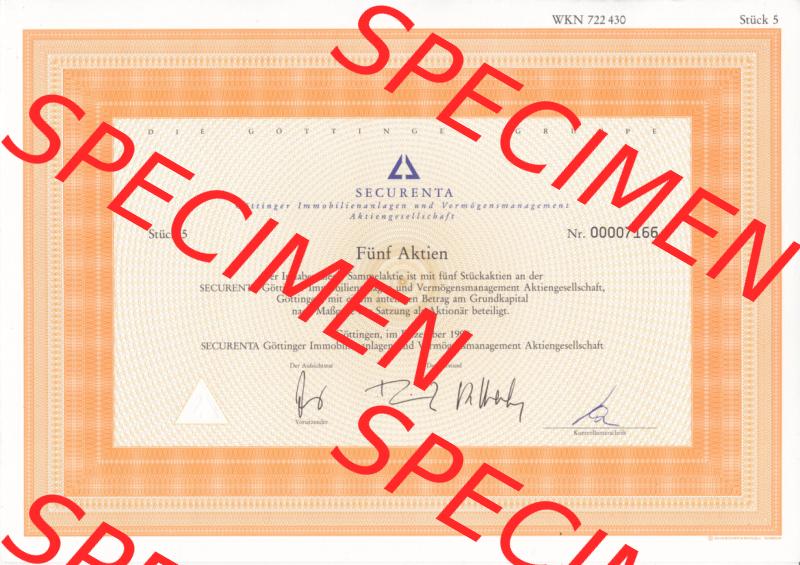 Historisches Wertpapier Deutschland der BRD 1998, Securenta, Fünf Aktien, Göttinger Immobilienanlagen und Vermögensmanagment (2) Sammlung