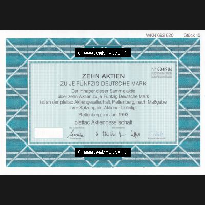 Historisches Wertpapier Deutschland der BRD 1993, 50 DM, Zehn Aktien zu je Fünfzig Deutsche Mark, plettac Aktiengesellschaft (2) Sammlung