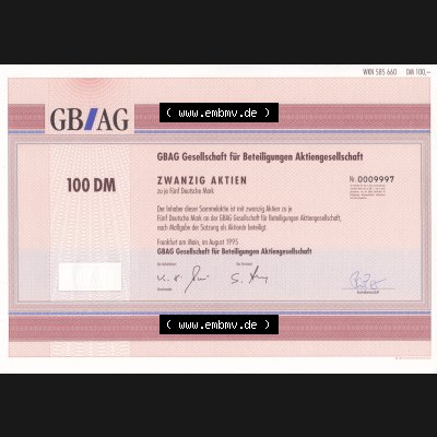 Historisches Wertpapier Deutschland der BRD 1995, 100 DM GBAG Gesellschaft für Beteiligungen Aktiengesellschaft (1) Sammlung