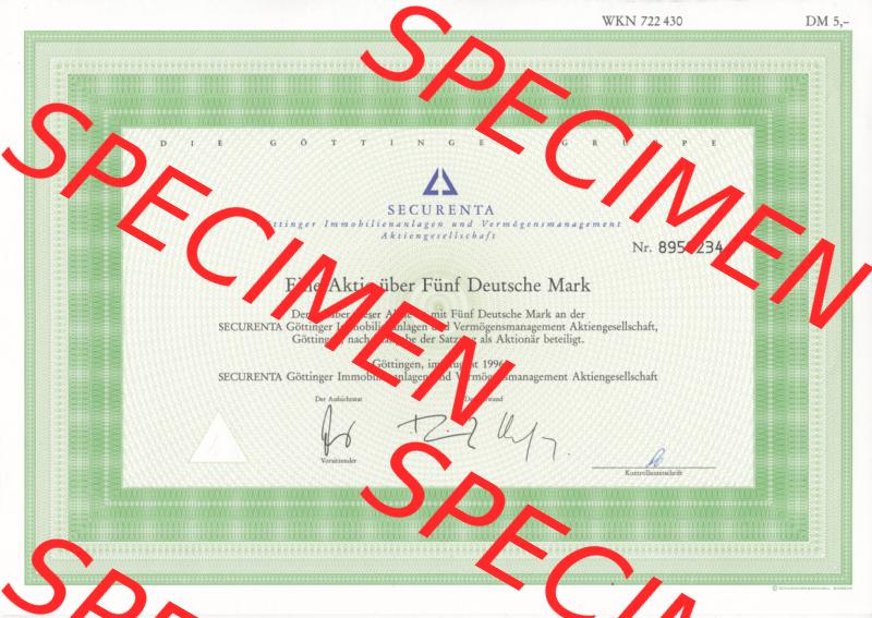 Historisches Wertpapier Deutschland der BRD 1996, 5 DM, Eine Aktie über Fünf Deutsche Mark, Aktie SECURENTA Aktiengesellschaft (2) Sammlung