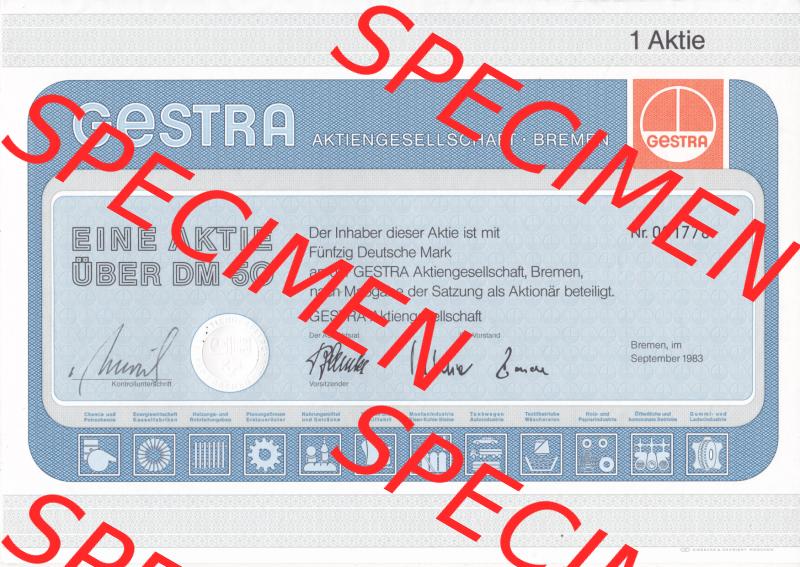 Historisches Wertpapier Deutschland der BRD 1983, 50 DM Aktie GESTRA Aktiengestellschaft Bremen, Fünfzig DEutsche Mark (1) Sammlung