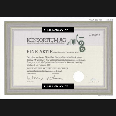 Historisches Wertpapier Deutschland der BRD 1988, 50 DM, Fünfzig Deutsche Mark, KONSORTIUM AG Stuttgart (2) Sammlung