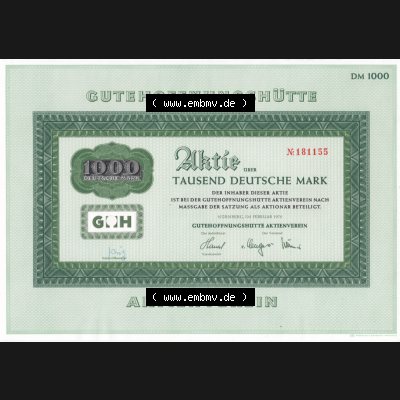 Historisches Wertpapier Deutschland der BRD 1970, 1000 DM, Aktie Tausend Deutsche Mark, Gutehoffnungshütte (3) Sammlung