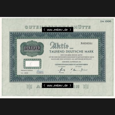 Historisches Wertpapier Deutschland der BRD 1954, 1000 Deutsche Mark DM, Aktie Gutehoffnungshütte, Tausend Deutsche Mark (1) Sammlung