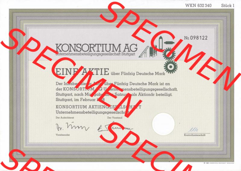 Historisches Wertpapier Deutschland der BRD 1988, 50 DM, Fünfzig Deutsche Mark, KONSORTIUM AG Stuttgart (2) Sammlung