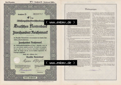 Deutsches Reich Historisches Wertpapier beidseitige Vollansicht 1935 Februar, Deutsche Rentenbank über Zweihundert Reichsmark,... Sammlung