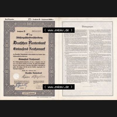 Deutsches Reich Historisches Wertpapier beidseitige Vollansicht 1935, Ablösungsschuldverschreibung, Deutschen Rentenbank, Eintausend Reichsmark. Hier befindet sich ein Digitales... Sammlung