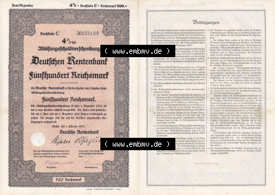 Deutsches Reich Historisches Wertpapier beidseitige Vollansicht 1935, Deutschen Rentenbank, Fünfhundert Reichsmark. Hier befindet... Sammlung