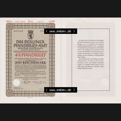 Deutsches Reich Historisches Wertpapier beidseitige Vollansicht 1942, Das Berliner Pfandbrief-Amt 4 Prozent Berliner Stadtschaft 200 Zweihundert Reichsmark. Hier befindet sich ein Digitales... Sammlung
