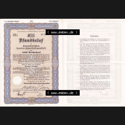 Österreich Historisches Wertpapier beidseitige Vollansicht 1939, 4.5 Prozent Pfandbrief, Zur Anlegung von Mündelgeldern zugelassen, Kärntnerischer Landes-Hypothekenanstalt.... Sammlung