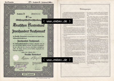 Deutsches Reich Historisches Wertpapier beidseitige Vollansicht 1935, Ablösungsschuld-Verschreibung, Deutschen Rentenbank, Zweihundert... Sammlung