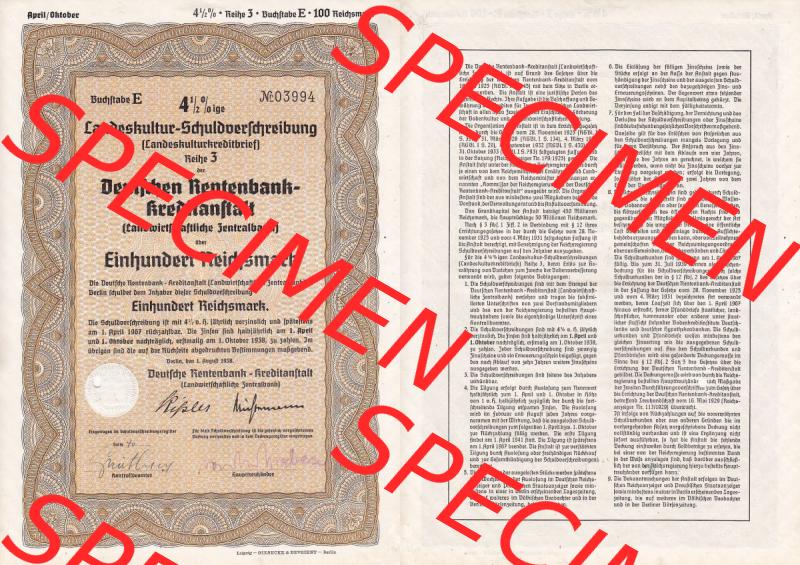 Deutsches Reich Historisches Wertpapier beidseitige Vollansicht 1938, Deutsche Rentenbank Landeskultur-Schuldverschreibung Einhundert Reichsmark. Hier befindet sich ein Digitales Bild eines... Sammlung