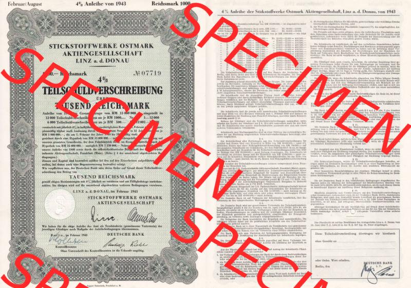 Österreich Historisches Wertpapier beidseitige Vollansicht 1943, Stickstoffwerke Ostmark Linz a.d. Donau, Teilschuldverschreibung über Tausend Reichsmark. Hier... Sammlung