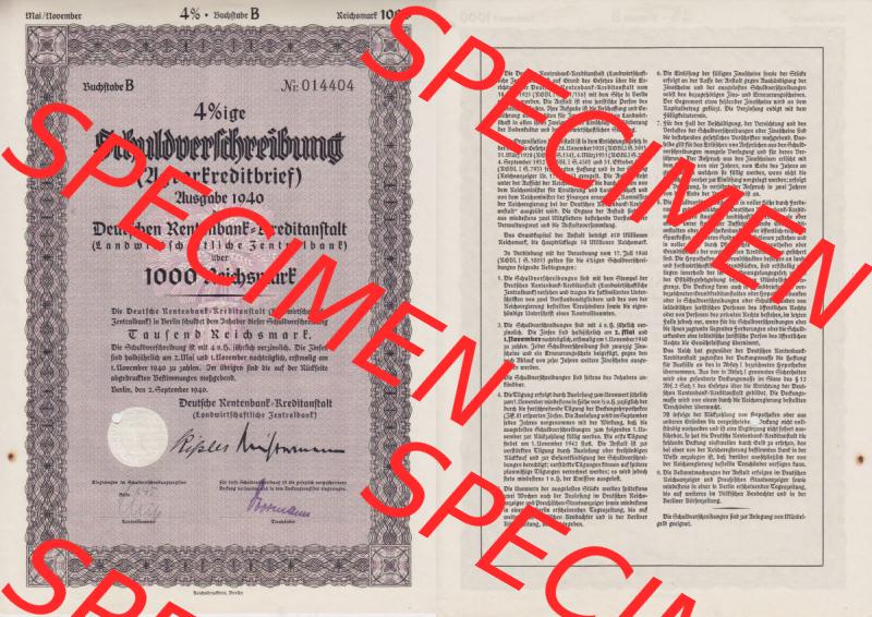 Deutsches Reich Historisches Wertpapier beidseitige Vollansicht 1940 September, 4 Prozent Schuld-Verschreibung, Agrarkreditbrief, Wert 1000 Reichsmark, Berlin. Hier befindet... Sammlung