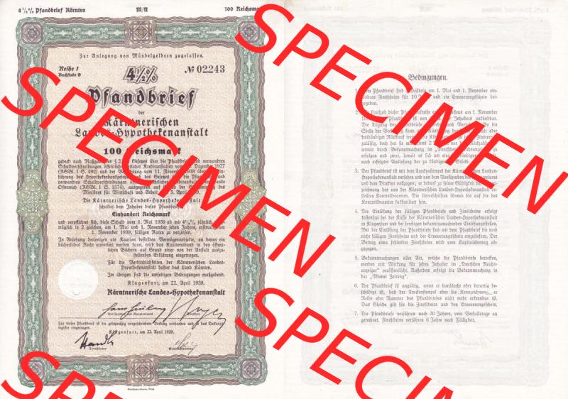 Österreich Historisches Wertpapier beidseitige Vollansicht 1939, Pfandbrief, Kärntnerischen Landes-Hypothekenanstalt über 100 Reichsmark. Hier befindet sich ein Digitales... Sammlung