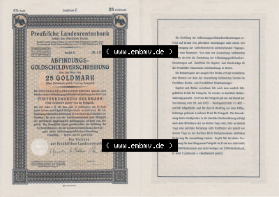 Deutsches Reich Historisches Wertpapier beidseitige Vollansicht 1931, April, Preußische Landesrentenbank, Abfindungs-Gold-Schuldverschreibung... Sammlung